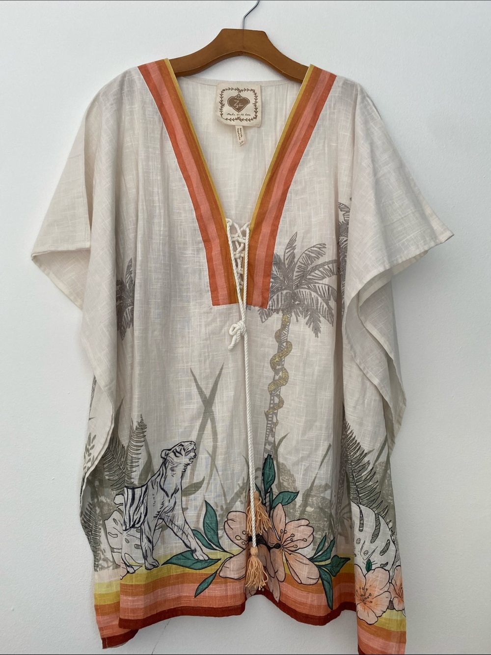Boho Lace-Up Tropical Print Tunic — Cream with Coral & Mustard Trim